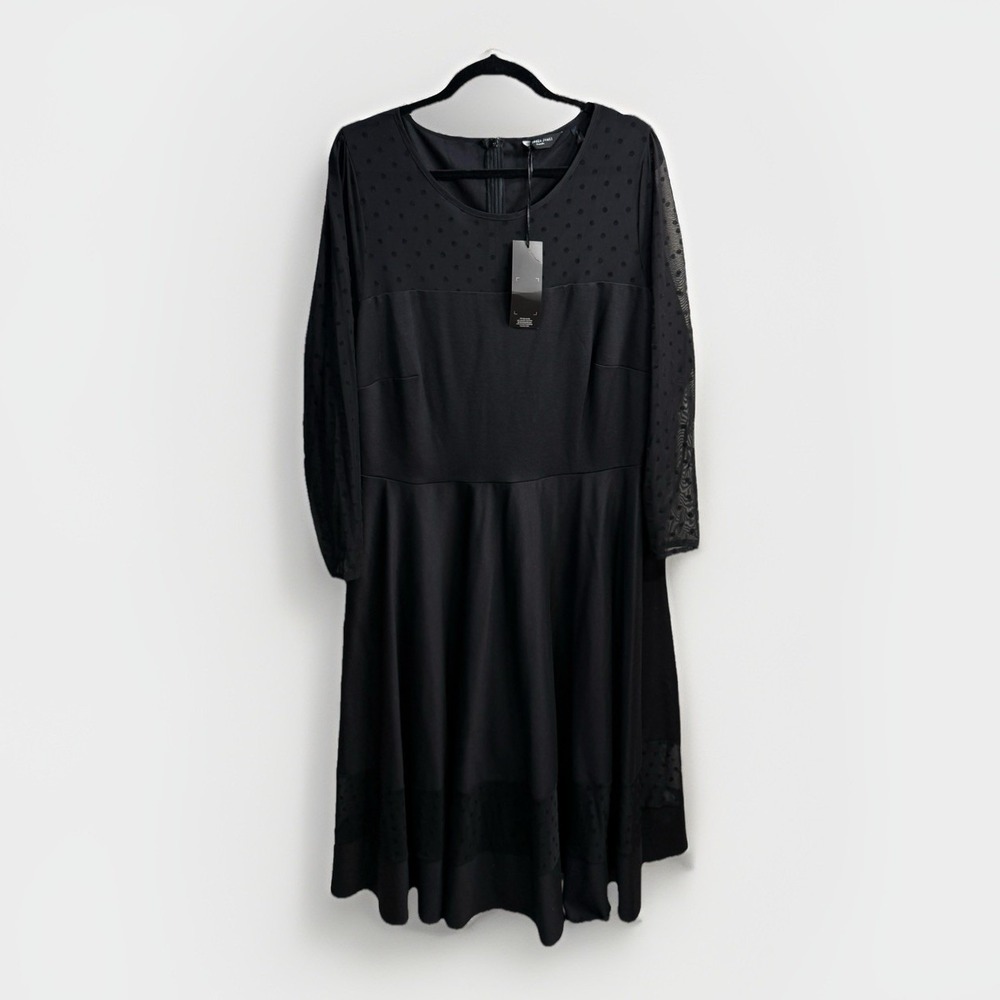 Jameela Jamil Womens Black Midi Evening Dress Sheer Dot‎ Sleeve Quiet Luxury  18